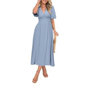 Simplee Women's Summer Boho Maxi Dress Casual V Neck Puff Sleeve Wedding Guest